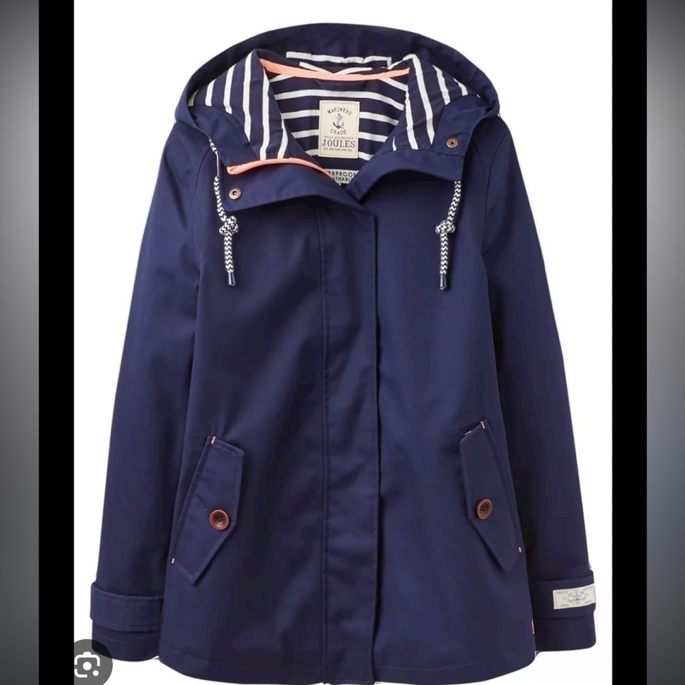 Joules Navy Hooded Raincoat with Striped Lining